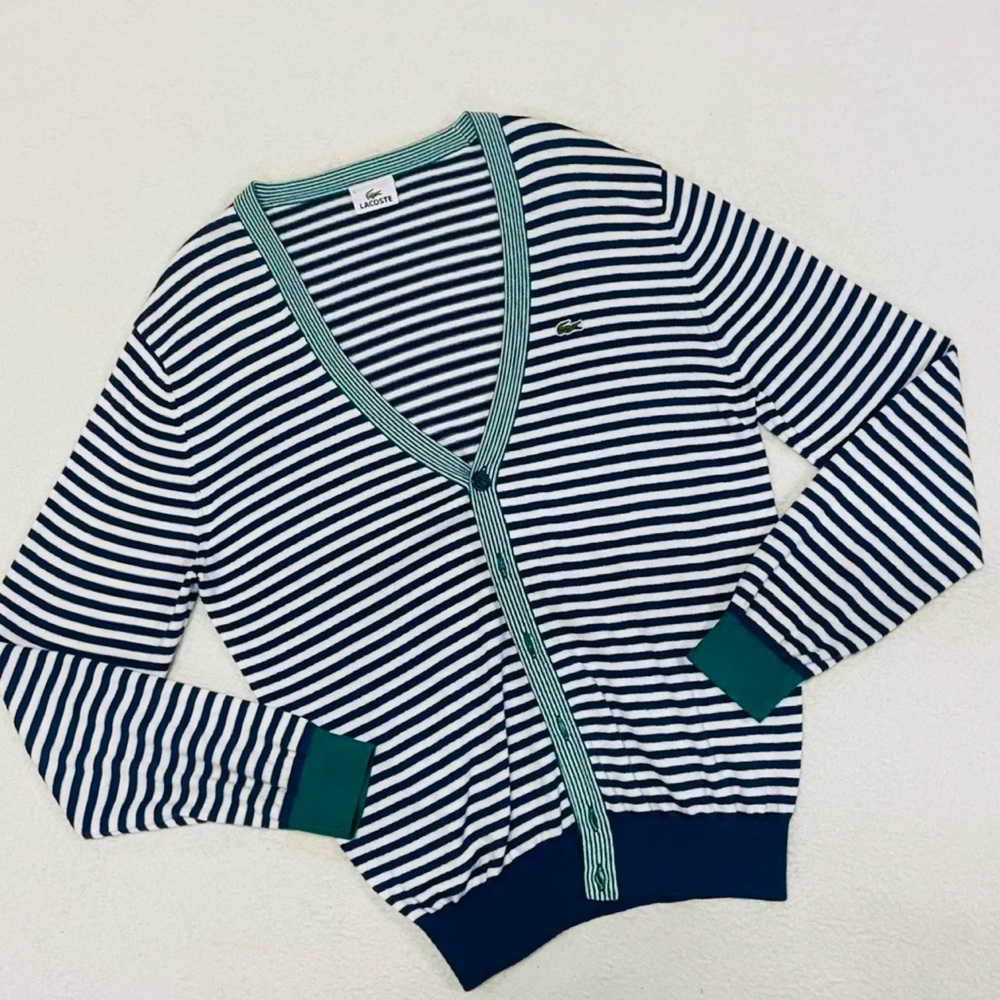 Lacoste Women’s Striped Cardigan - Navy and White, Green Accent